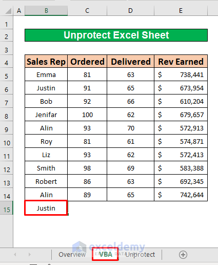 Perform a VBA Code to Unprotect Single Excel Sheet with Password in Excel
