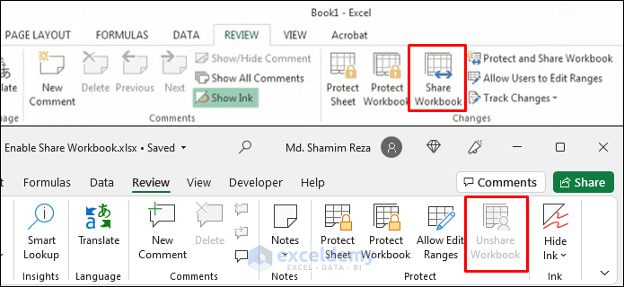 Share Workbook button disabled in Excel