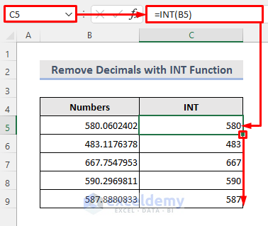 Remove Decimal Places with Excel INT Function