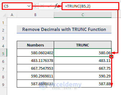 Remove Decimal Places with Excel TRUNC Function