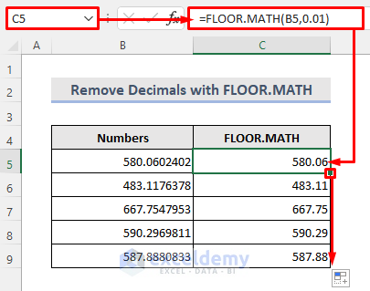 Remove Decimal Places with Excel FLOOR.MATH Function