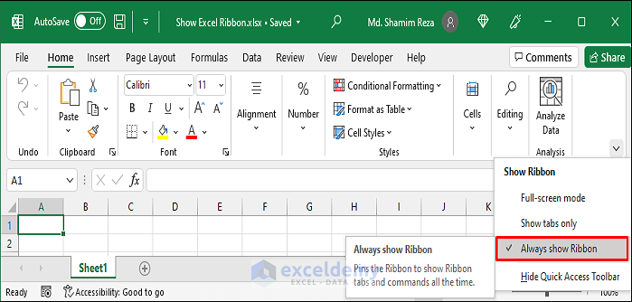 Show Ribbon in Excel Using Ribbon Display Options