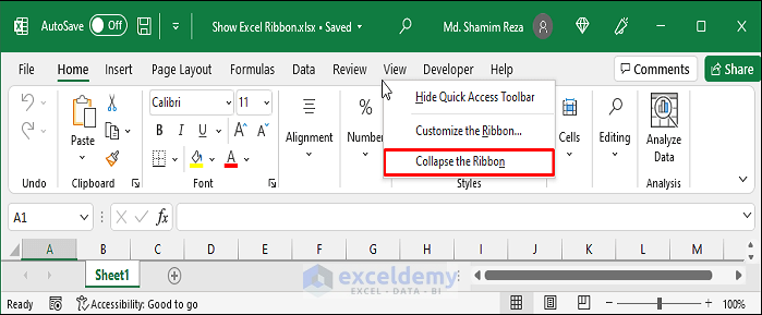 Show Ribbon in Excel by Unchecking Collapse the Ribbon