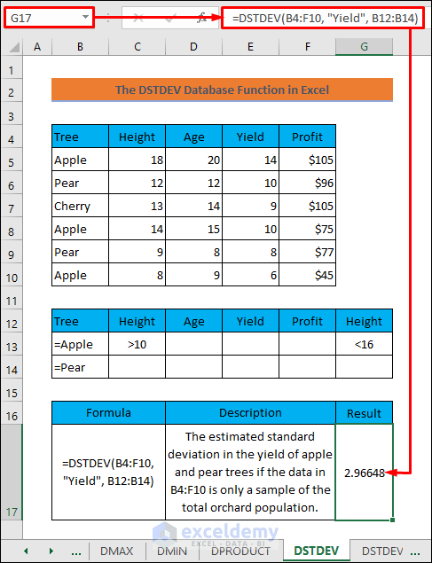 How to Use DSTDEV Database Functions in Excel