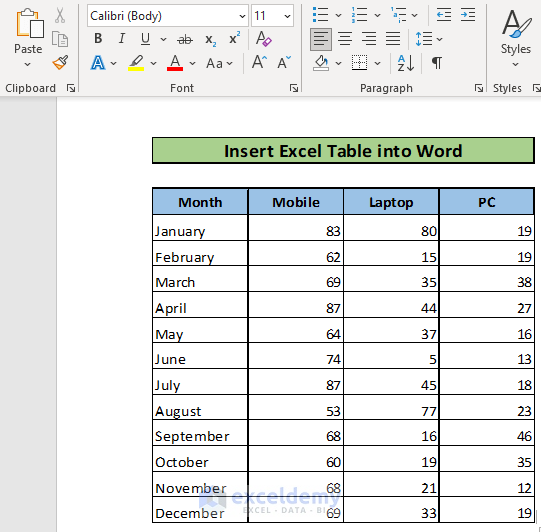 Insert Excel Table into Word