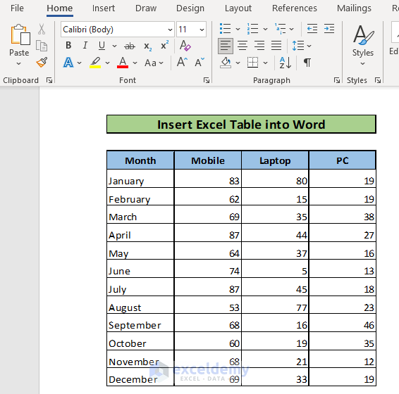 Insert Excel Table into Word