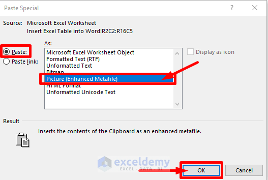 Insert Excel Table into Word