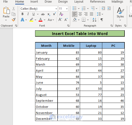 Insert Excel Table into Word