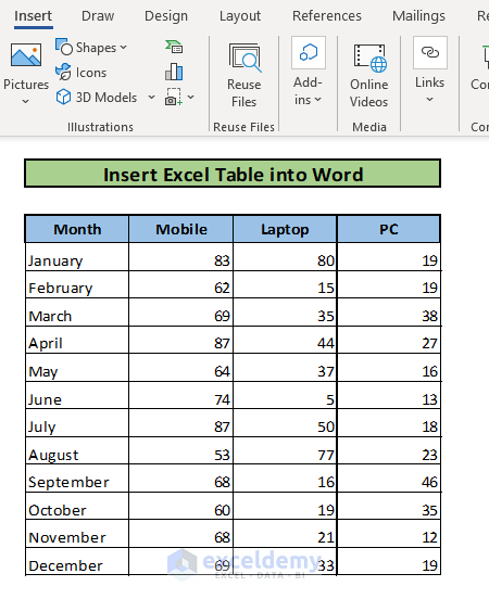 Insert Excel Table into Word