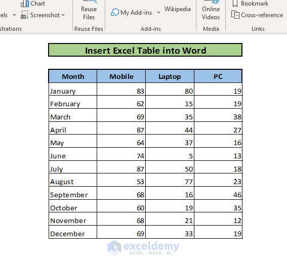 Insert Excel Table into Word