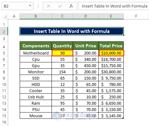 Paste Link Command to insert excel table into word with formulas