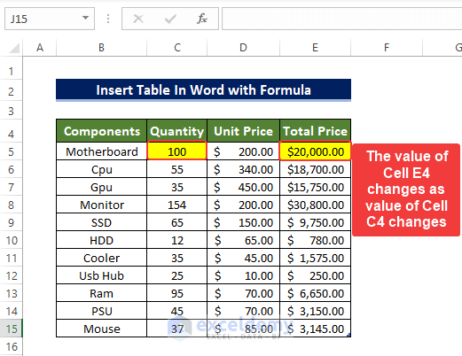 Paste Link Command to insert excel table into word with formulas