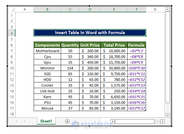 Insert Excel table with formulas into word as object
