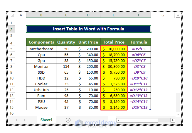 insert excel table into word with formulas