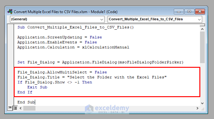 FileDialog Properties to Develop the Macro to Convert Multiple Excel Files to CSV Files