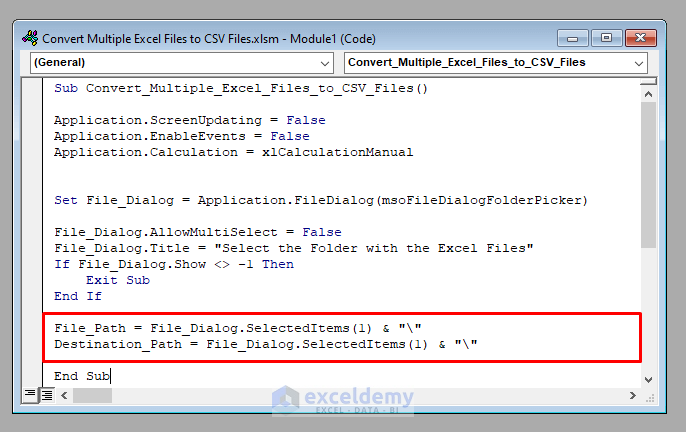 Setting File Path to Develop the Macro to Convert Multiple Excel Files to CSV Files