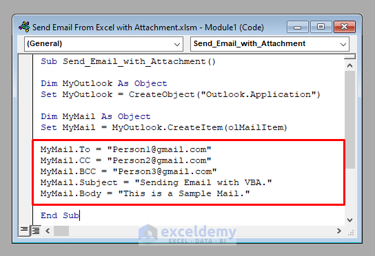 Inserting Email Properties to Develop the Macro to Send the Email with the Attachment