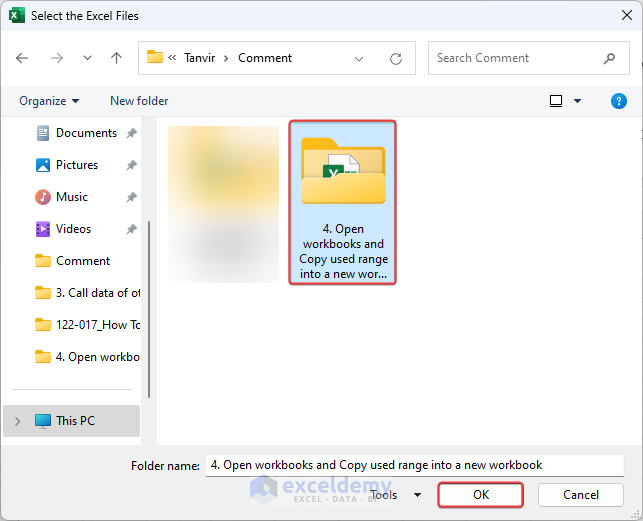 Selecting folder to import excel files