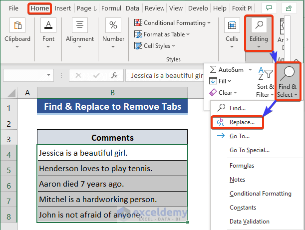 Find and Replace Feature to Remove Tab Space