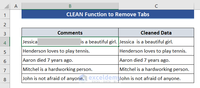 Excel CLEAN Function to Remove Tab Space