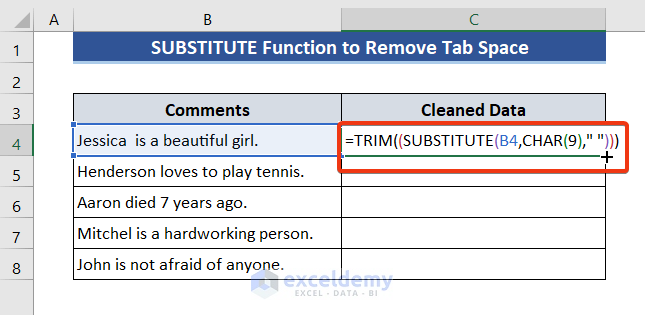 TRIM Function to Remove Tab Space