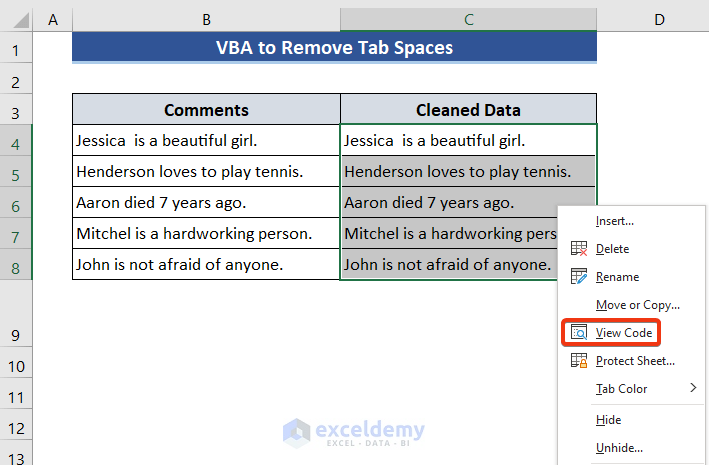 Removing Tab Spaces Between Words with Excel VBA