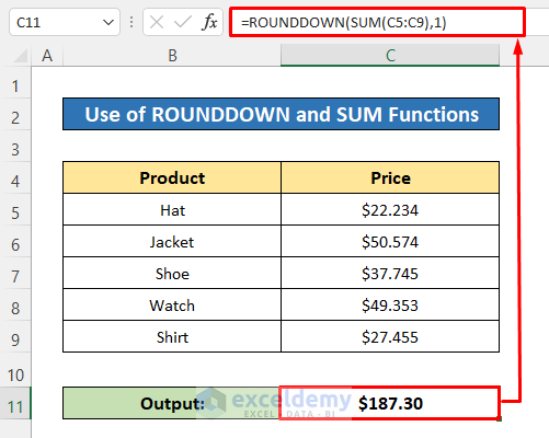 Using ROUNDDOWN and SUM Functions to Round a Formula