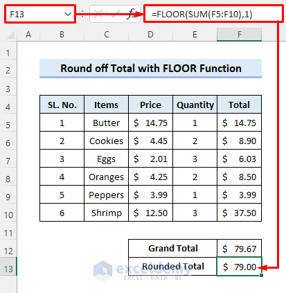 Round off the Total on the Invoice with Excel FLOOR Function