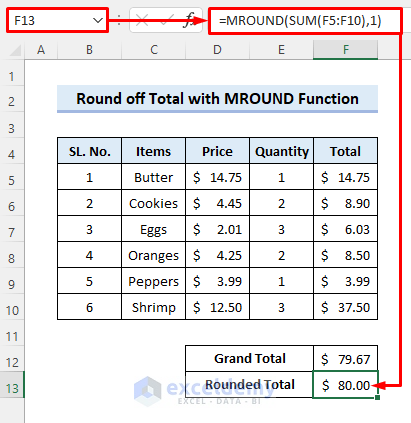 Round off the Total on the Invoice with Excel MROUND Function