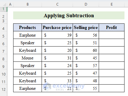 Sample dataset for applying Subtraction method