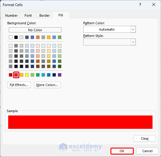 Selecting Red Color from Fill Tab