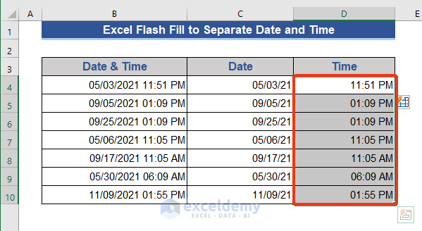 Using Excel Flash Fill Feature to Separate Date and Time