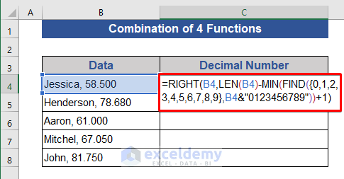 Combining RIGHT, LEN, MIN, and FIND Functions to separate decimal numbers