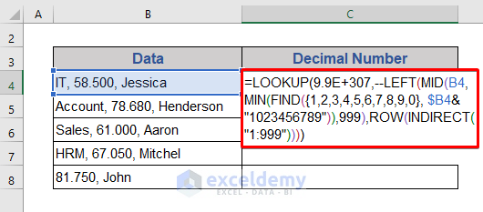 Merge ROW, MID, INDIRECT, and LOOKUP Functions to separate decimal numbers