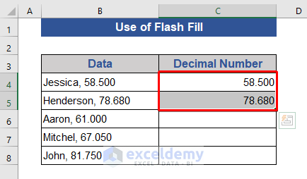 Separate Decimal Numbers Using Flash Fill