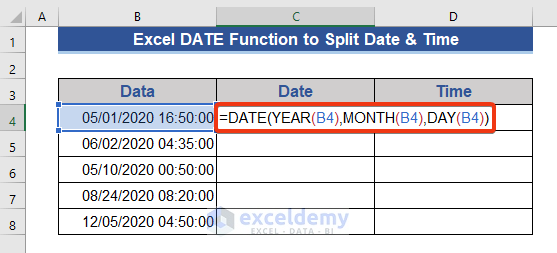 Split Date and Time Using Excel DATE Function