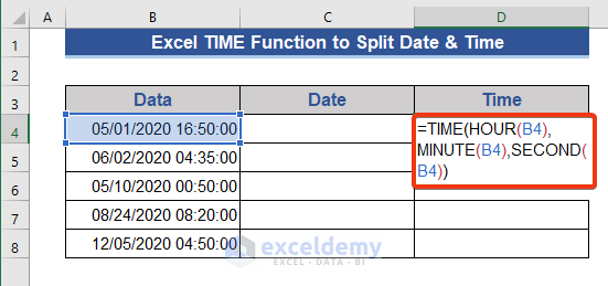 TIME Function to Split Date and Time in Excel