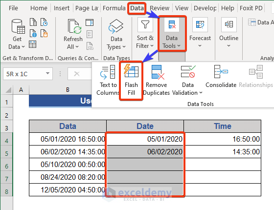 Separate Time and date from Column using the Flash Fill Feature