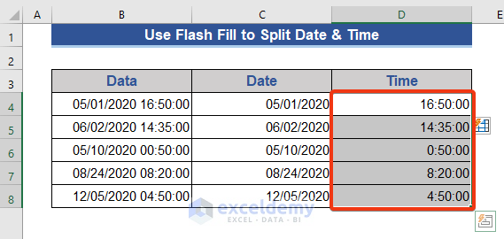 Separate Time and date from Column using the Flash Fill Feature