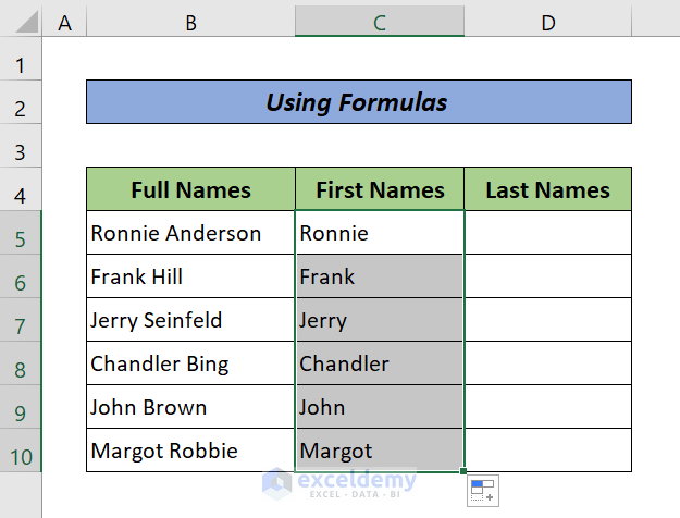 Excel Formulas to Split Names into Two Columns (Result)