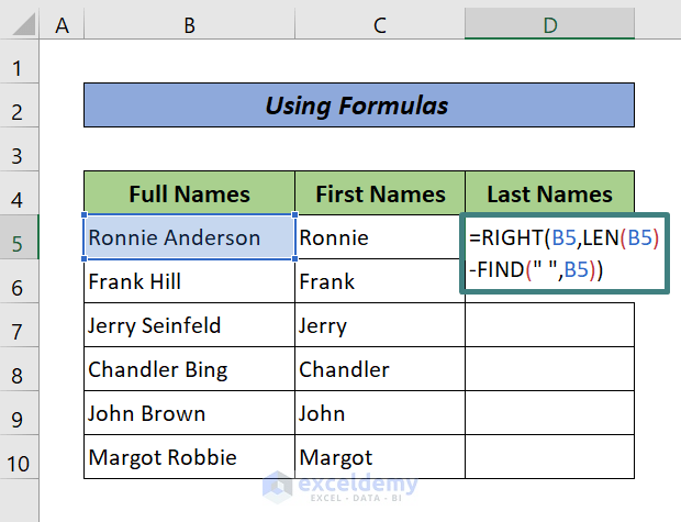 Excel Formulas to Split Names into Two Columns (Last Name)