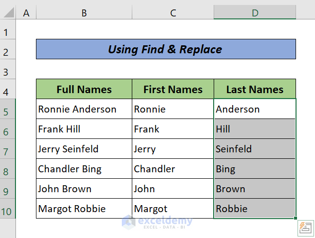 Split Names Using Find & Replace (Result)