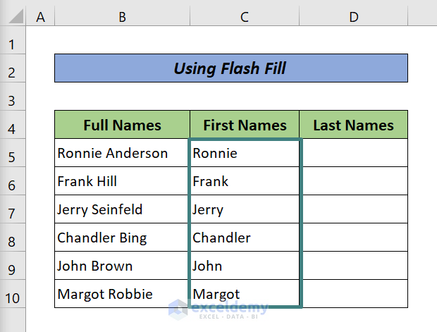 Split Names Using Flash Fill (Result)