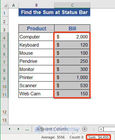 Find the Sum of a Column at the Status Bar of Excel