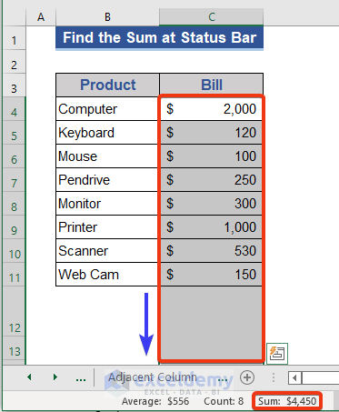 Find the Sum of a Column at the Status Bar of Excel