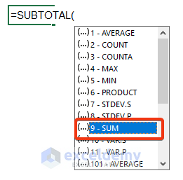Excel SUBTOTAL Function to find sum of column