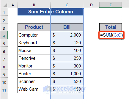 Sum the Entire Column in Excel