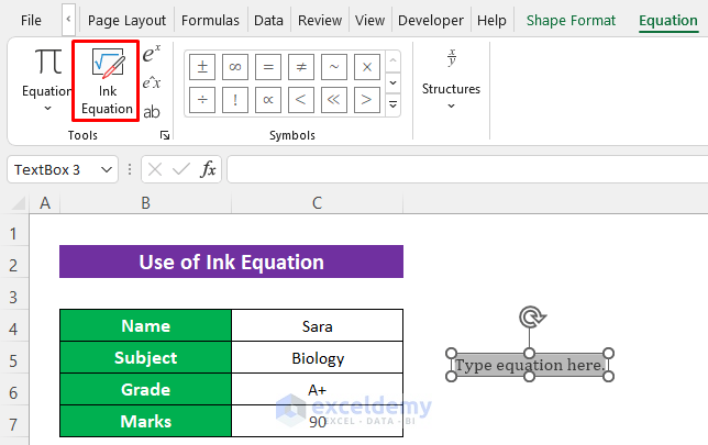 Applying Ink Equation to Insert ‘Greater Than or Equal To’ Symbol in Excel