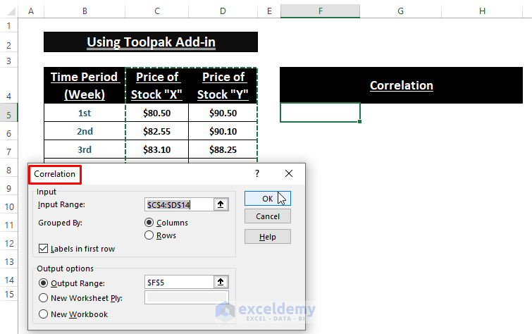 Correlation window- Calculate Correlation between Two Stocks in Excel