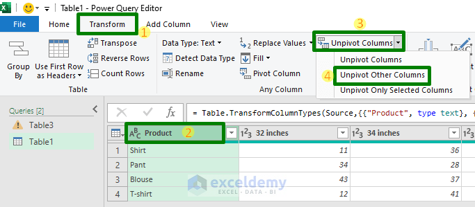 Transpose Data in Multiple Columns into One Column Using Power Query